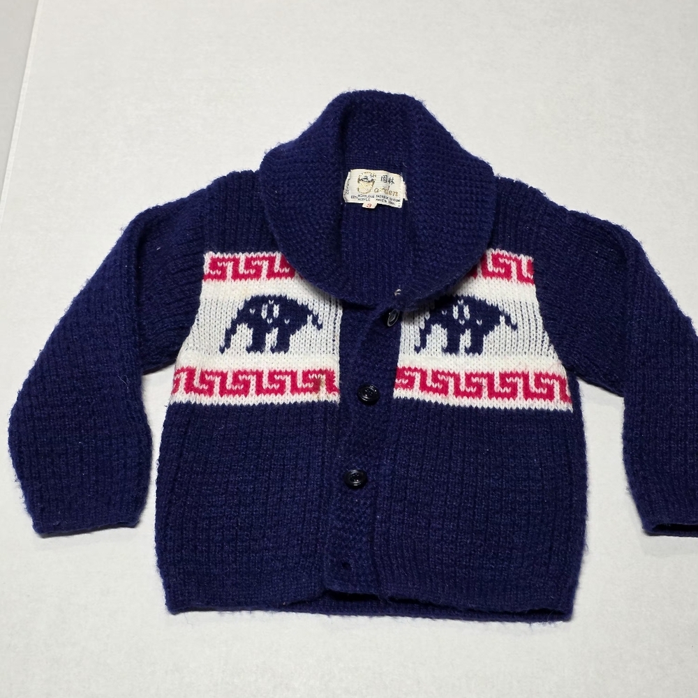 Vintage Kids Cardigan Size 3 Blue Knit Elephant Garden Brand Acrylic Button Up
